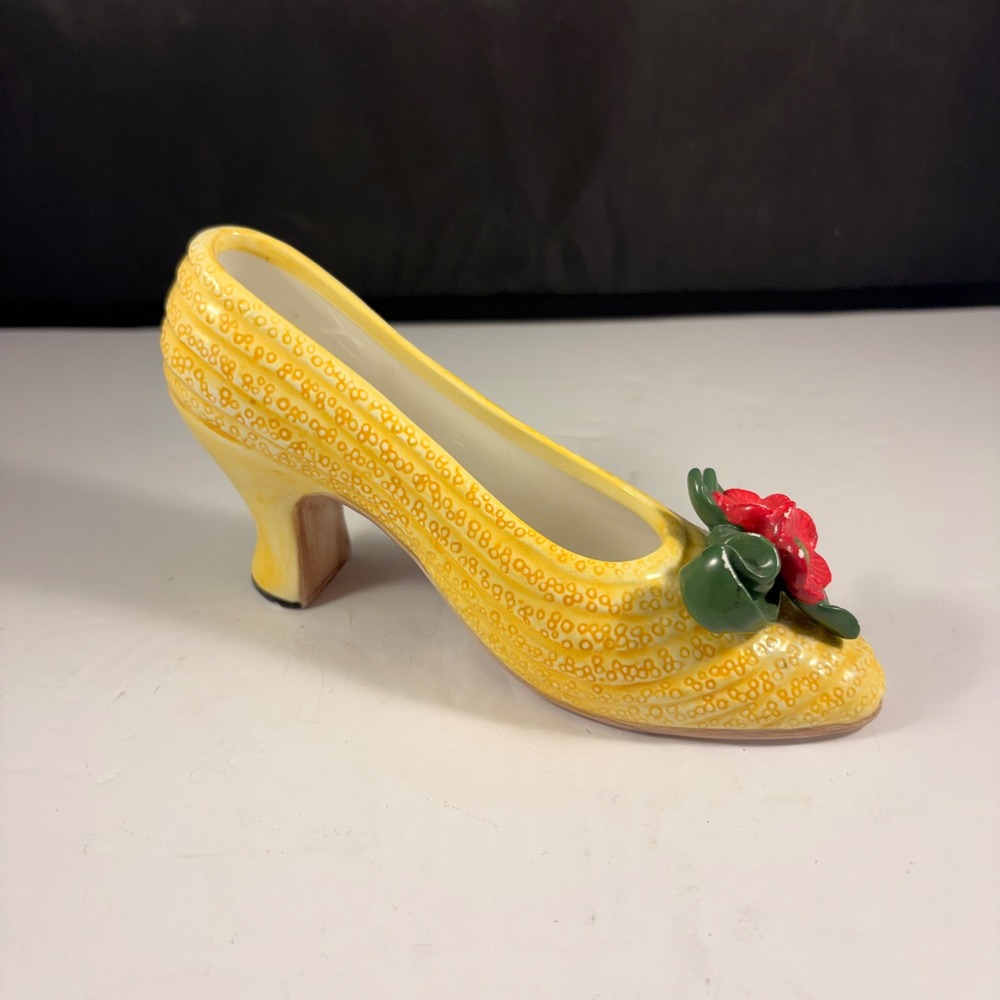 Seymour Mann Yellow High Heel Shoe Trinket Holder Floral Ceramic Decor